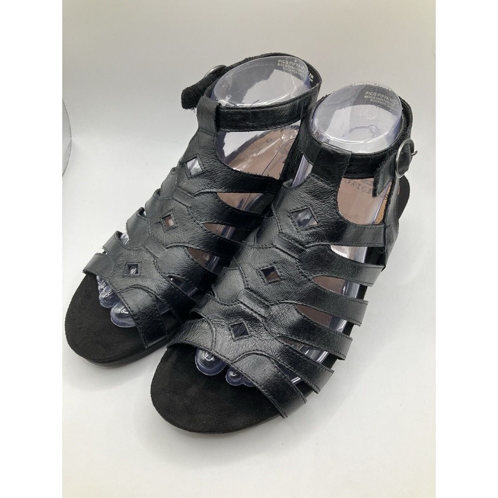 🔥 Earth Origins Women's Pippa, Black Leather Wedge Sandals, Size 8 W✨️Brand New